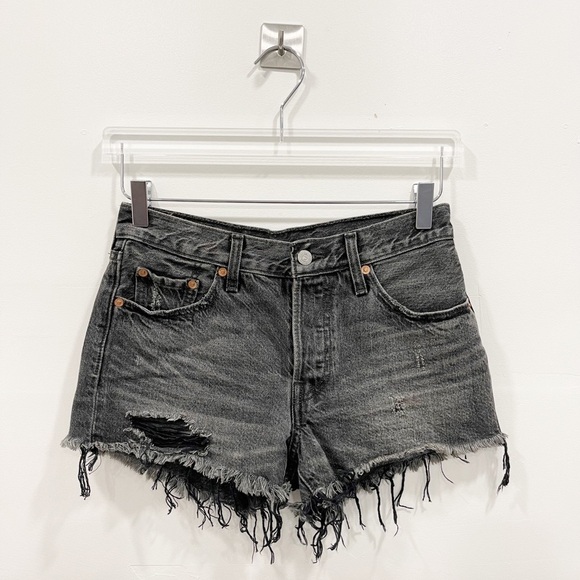 Levi’s 501 Denim Shorts Slashed Black Distressed Frayed Hem Cotton Button Fly 25 - Picture 1 of 10